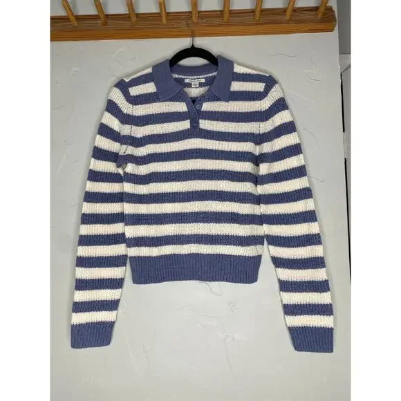 American Eagle Blue and White Striped Collared Sweater - Picture 2 of 7